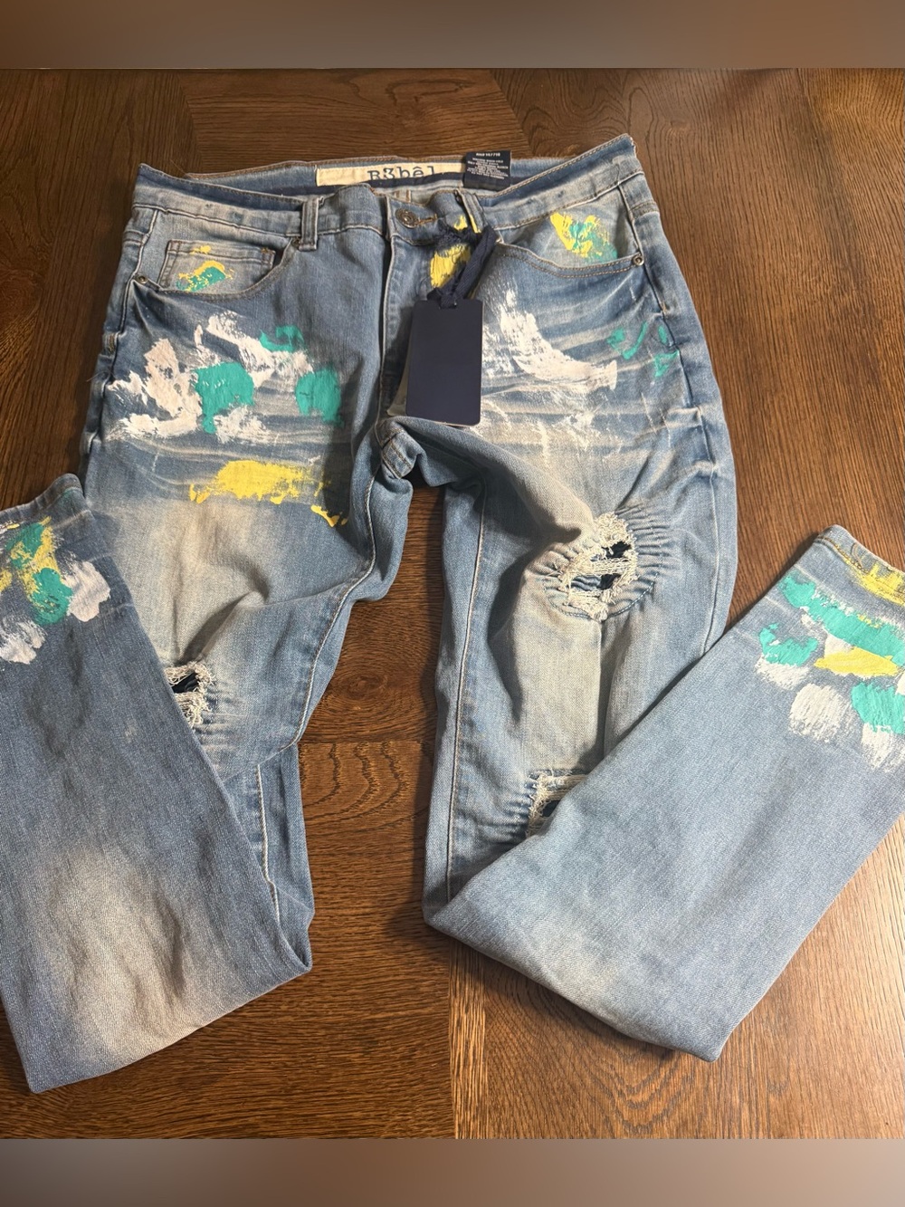 R3BELFashion Washed Denim  Paint-Splatter Light Men skinny Jeans w32